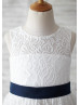 Ivory Lace Navy Blue Bow Heart Hole Back Flower Girl Dress 